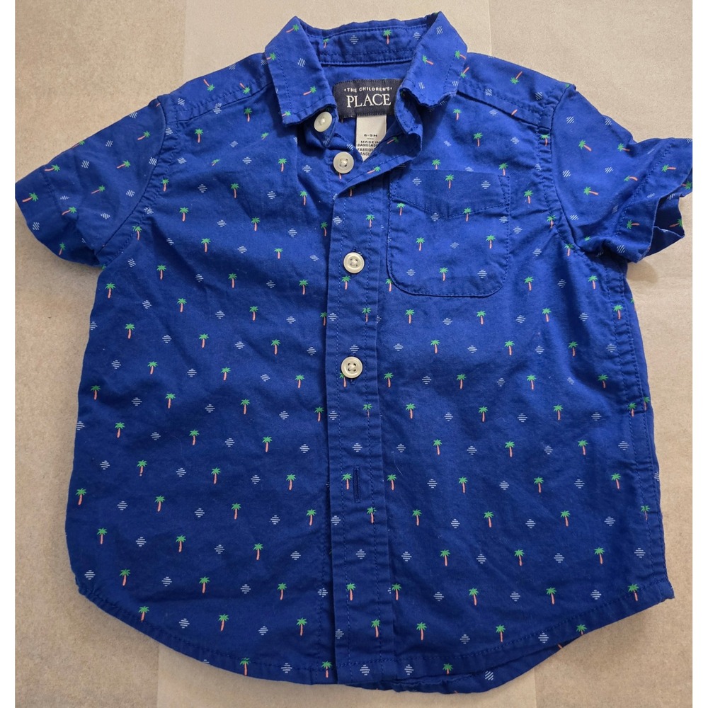 The Childrens Place Boys Blue Palm Tree Tropical Button Down Shirt 6-9M